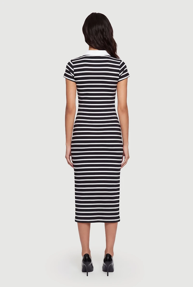 Striped Short Sleeve Midi Polo Dress