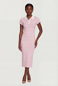 Striped Short Sleeve Midi Polo Dress