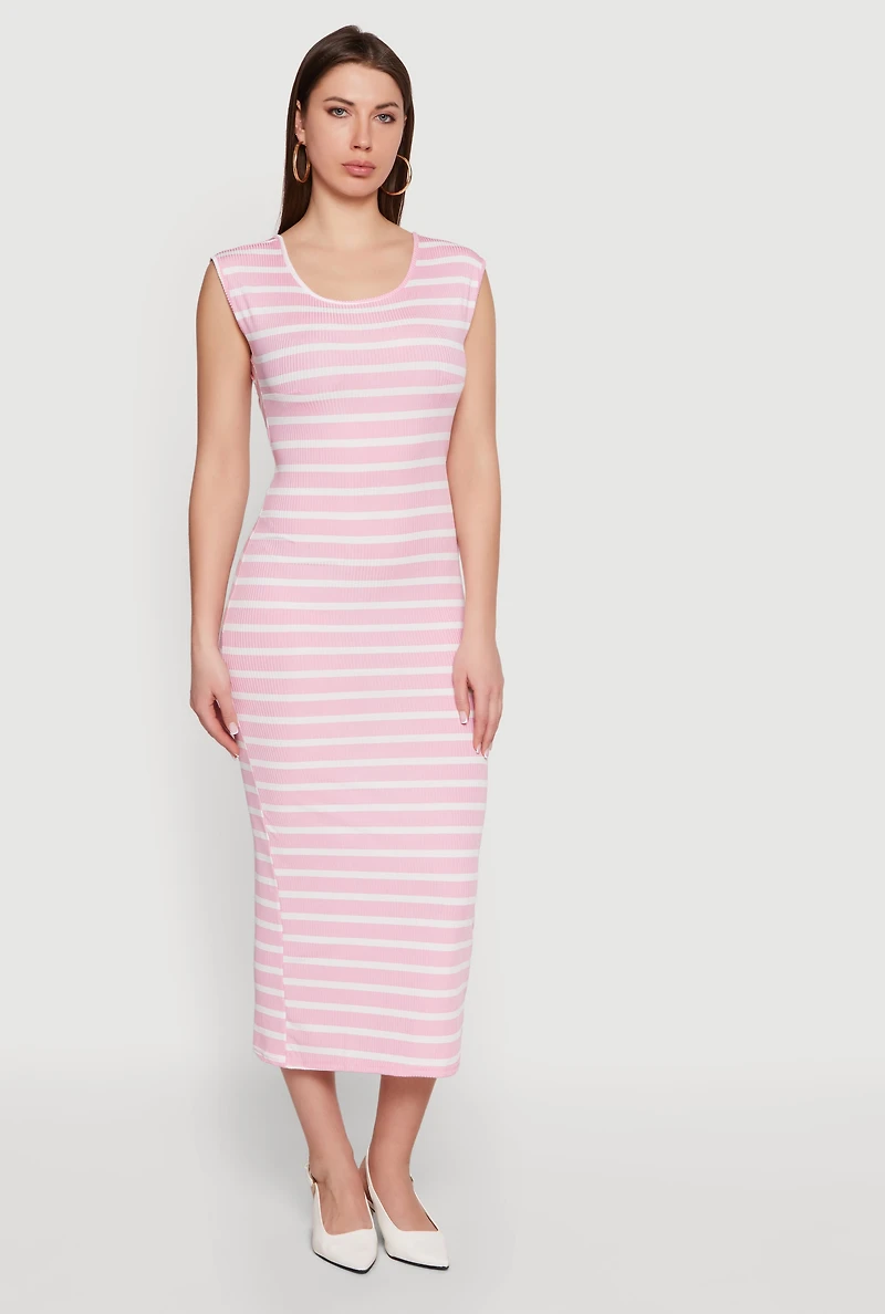 Striped Rib Knit Low Back Maxi Dress