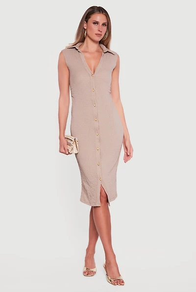 Sleeveless Textured Knit Button Front Dress