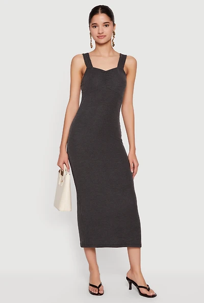 Ribbed Knit Sweetheart Neckline Midi Dress
