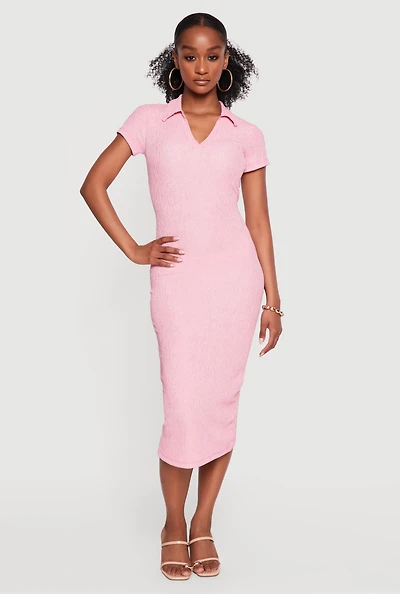 Short Sleeve Textured Knit Polo Dress