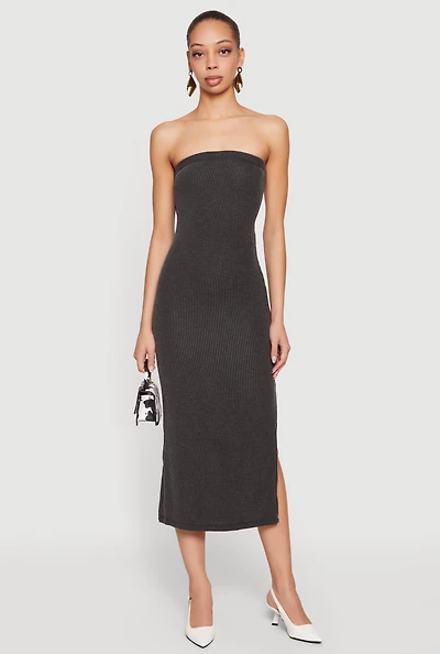 Ribbed Knit Side Slit Midi Tube Dress with Keyhole Back