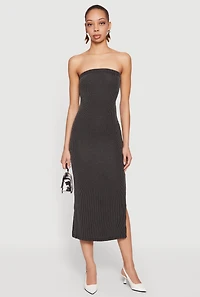Ribbed Knit Side Slit Midi Tube Dress with Keyhole Back