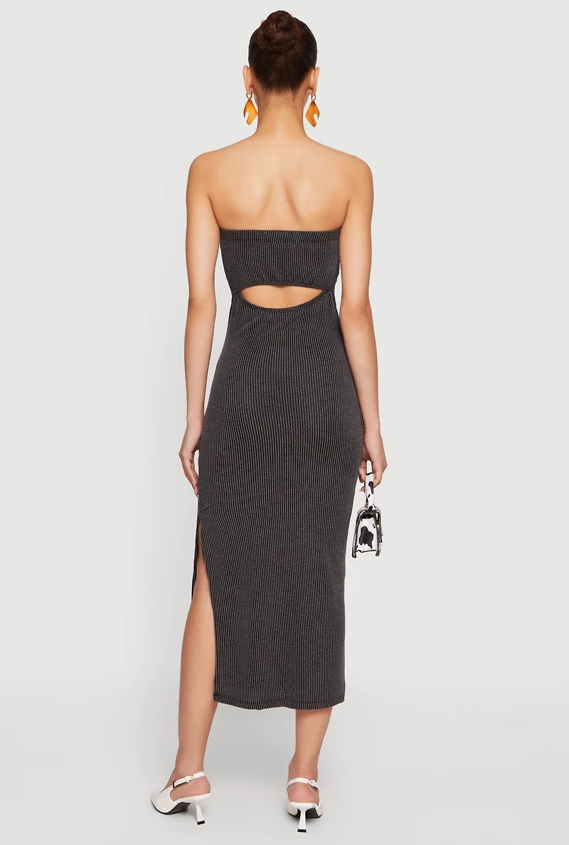 Ribbed Knit Side Slit Midi Tube Dress with Keyhole Back