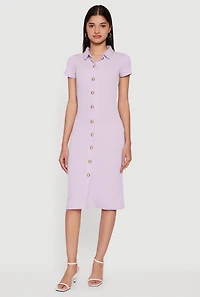 Rib Knit Button Front Midi Shirt Dress