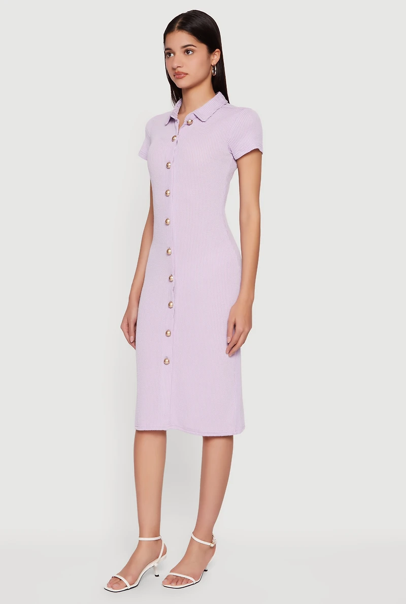 Rib Knit Button Front Midi Shirt Dress
