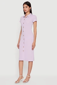 Rib Knit Button Front Midi Shirt Dress