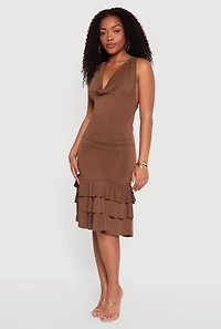 Cowl Halter Neck Tiered Ruffle Hem Midi Dress