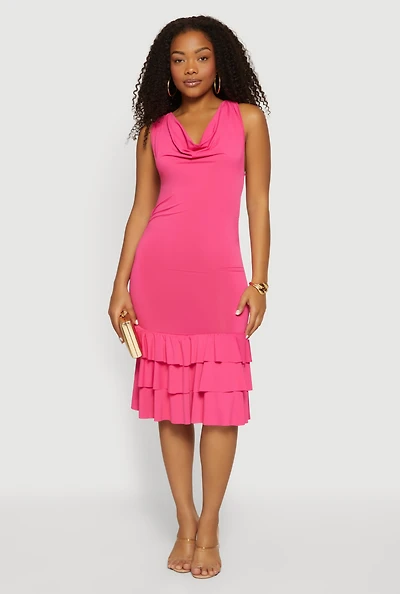 Cowl Halter Neck Tiered Ruffle Hem Midi Dress