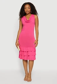 Cowl Halter Neck Tiered Ruffle Hem Midi Dress