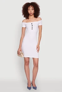 Faux Button Detail Off the Shoulder Mini Dress