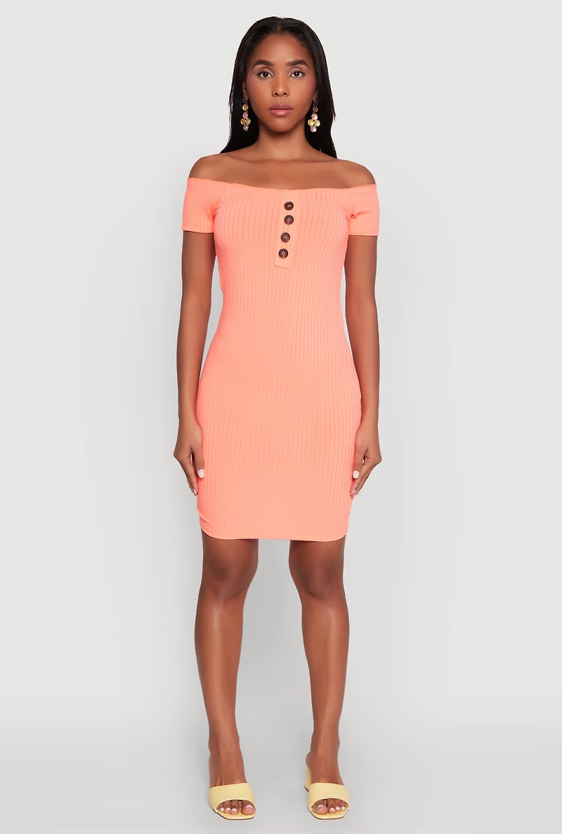 Faux Button Detail Off the Shoulder Mini Dress