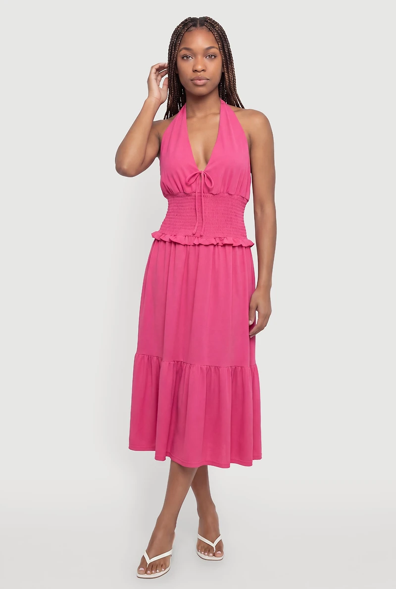 Smocked Waist Tie Back Halter Neck Midi Dress