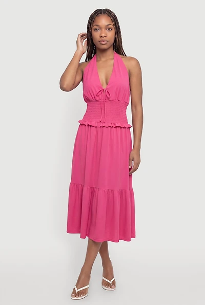 Smocked Waist Tie Back Halter Neck Midi Dress