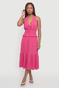 Smocked Waist Tie Back Halter Neck Midi Dress