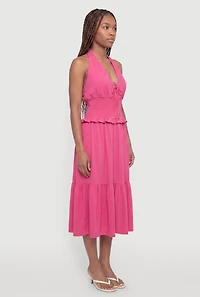 Smocked Waist Tie Back Halter Neck Midi Dress