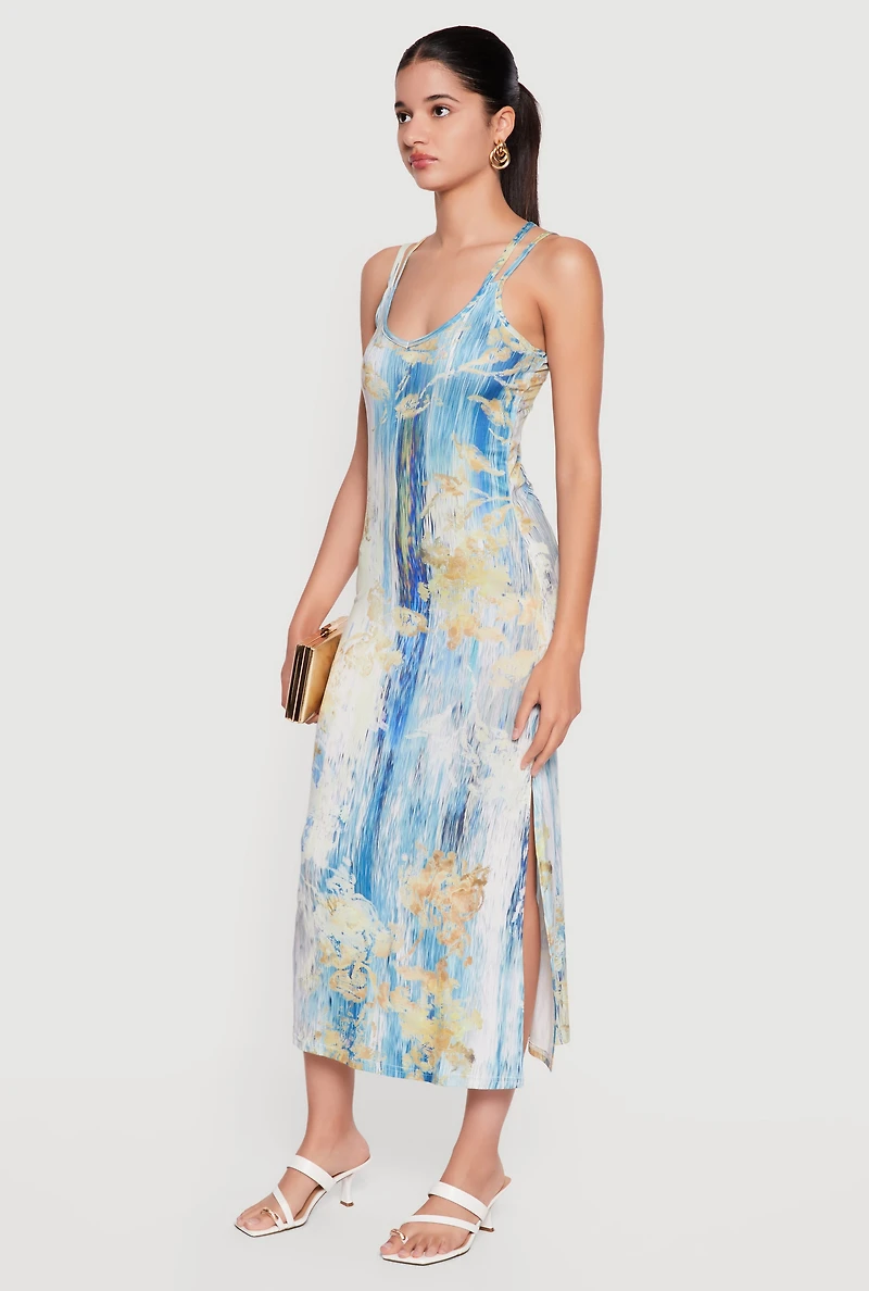 Printed Patterned Double Strap Side Slit Midi Dress
