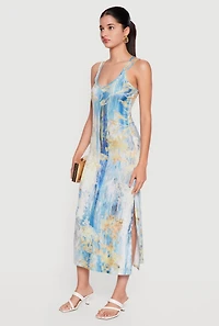 Printed Patterned Double Strap Side Slit Midi Dress