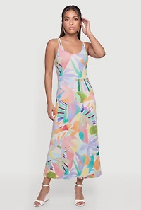 Geometric Palm Leaf Print Sleeveless Maxi Dress