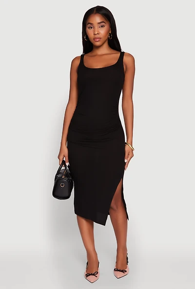 Womens Rib Knit Side Slit Ruched Midi Dress,