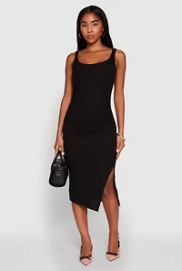 Womens Rib Knit Side Slit Ruched Midi Dress,