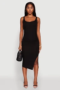 Womens Rib Knit Side Slit Ruched Midi Dress,