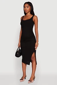 Womens Rib Knit Side Slit Ruched Midi Dress, L