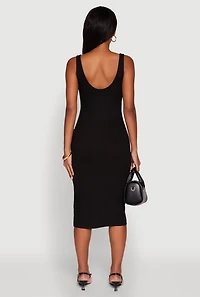 Womens Rib Knit Side Slit Ruched Midi Dress,