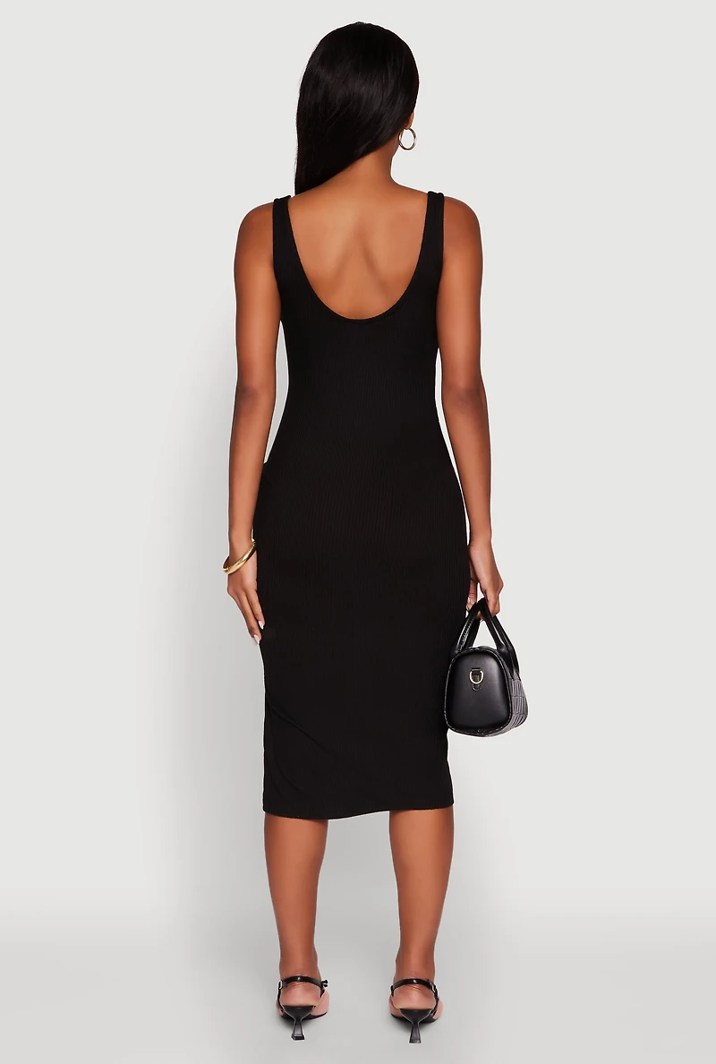 Womens Rib Knit Side Slit Ruched Midi Dress, L