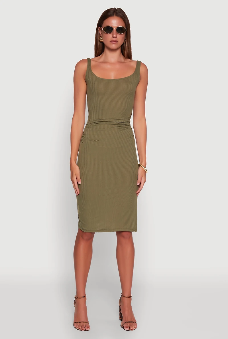 Womens Rib Knit Side Slit Ruched Side Midi Dress, Green, Size M