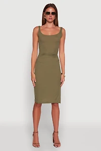 Womens Rib Knit Side Slit Ruched Side Midi Dress, Green, Size L
