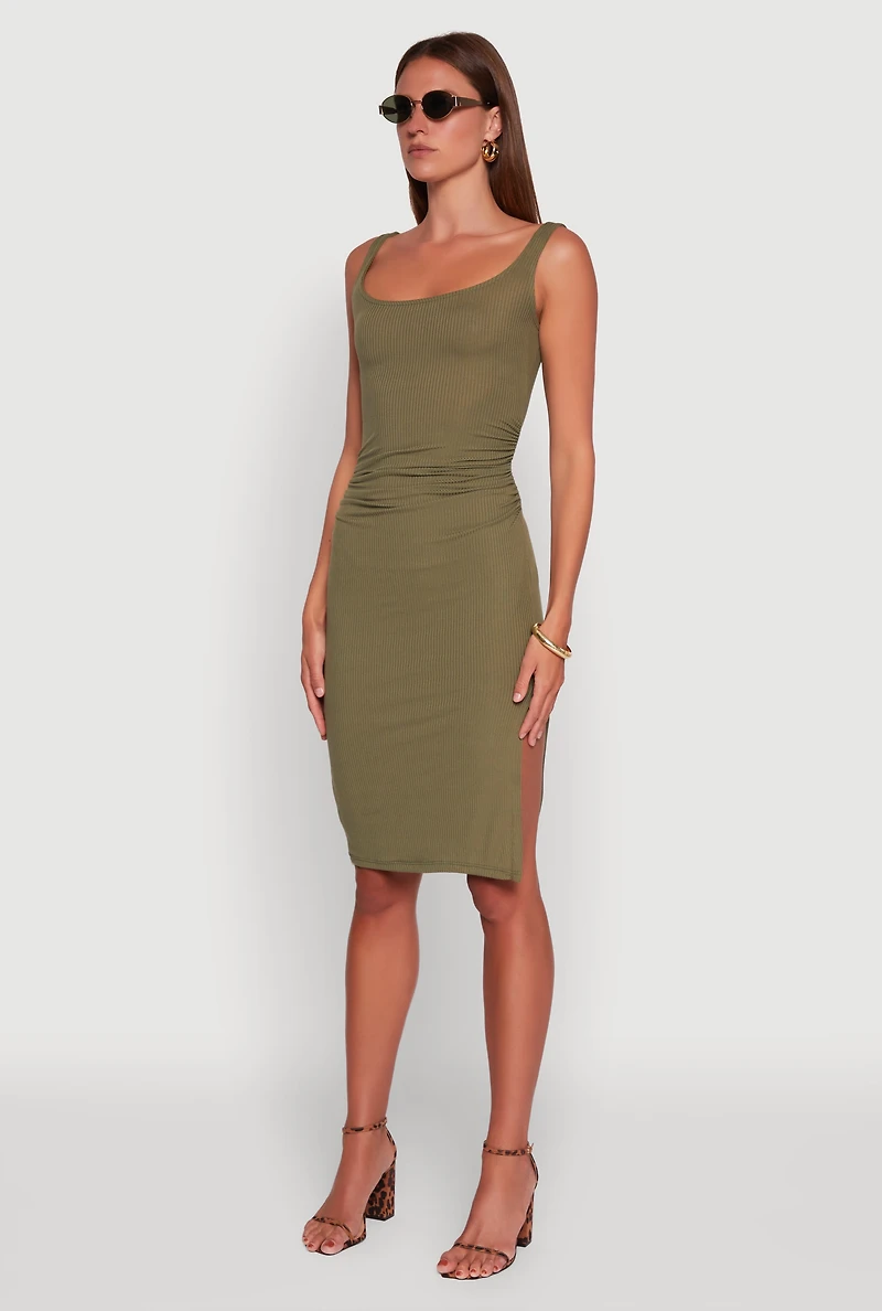 Womens Rib Knit Side Slit Ruched Midi Dress, L