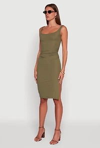 Womens Rib Knit Side Slit Ruched Side Midi Dress, Green, Size M