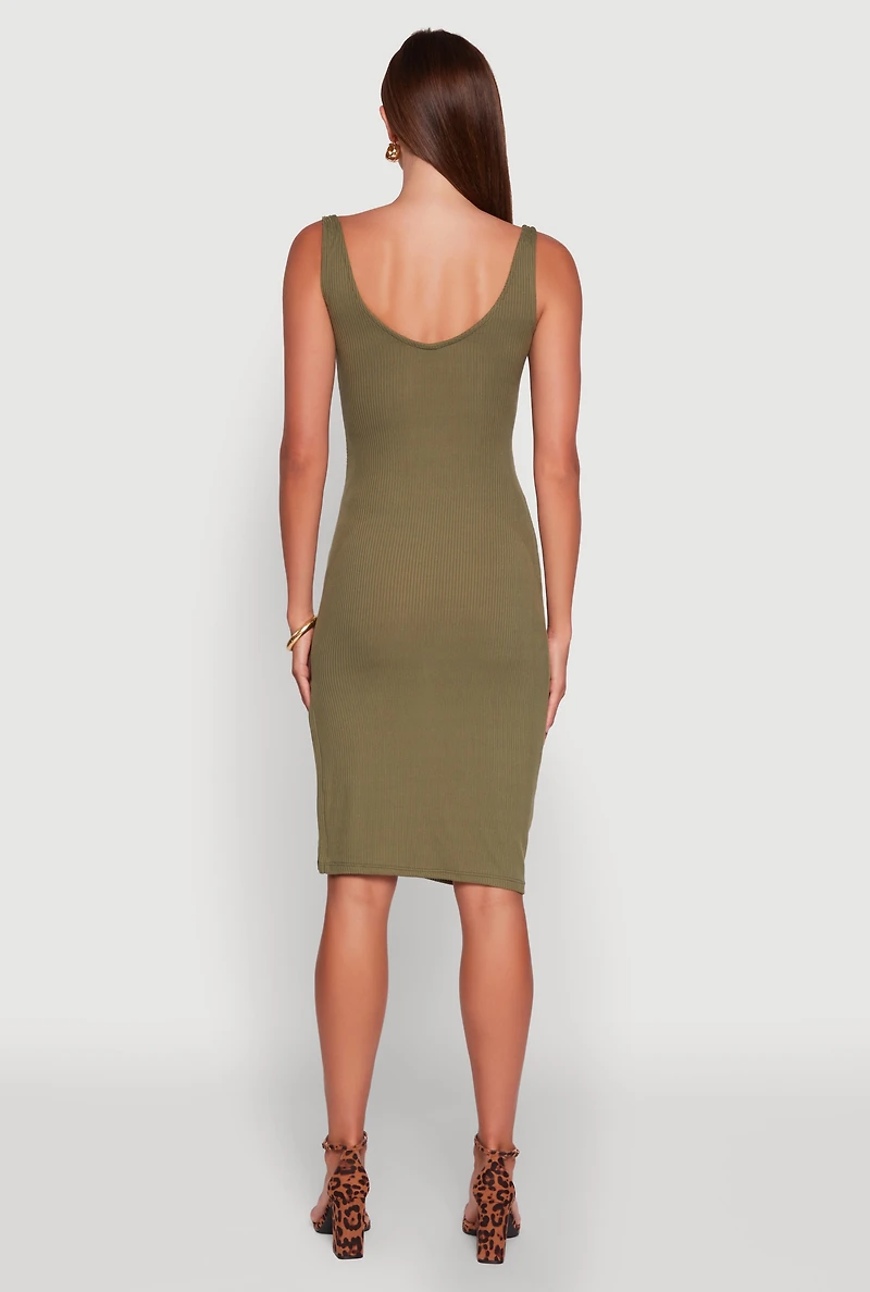Womens Rib Knit Side Slit Ruched Midi Dress, L
