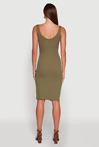 Rib Knit Side Slit Ruched Midi Dress