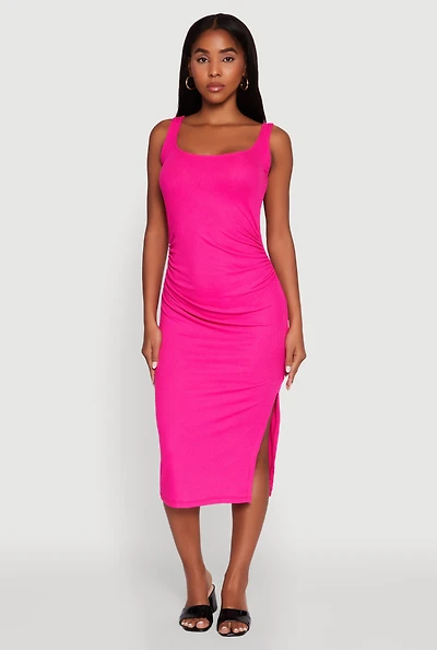 Womens Rib Knit Side Slit Ruched Side Midi Dress, Pink, Size M