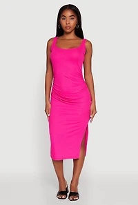 Womens Rib Knit Side Slit Ruched Side Midi Dress, Pink, Size L