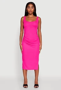 Womens Rib Knit Side Slit Ruched Side Midi Dress, Pink, Size M
