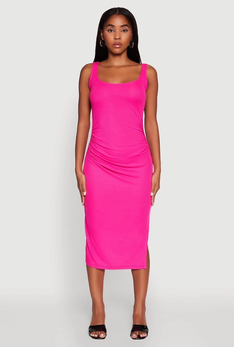 Womens Rib Knit Side Slit Ruched Side Midi Dress, Pink, Size L
