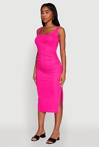 Womens Rib Knit Side Slit Ruched Side Midi Dress, Pink, Size M