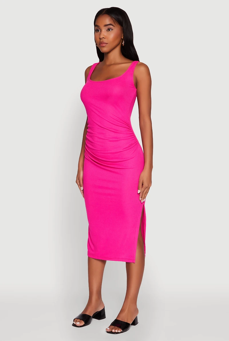 Womens Rib Knit Side Slit Ruched Side Midi Dress, Pink, Size L