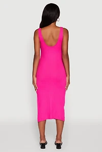 Womens Rib Knit Side Slit Ruched Side Midi Dress, Pink, Size M