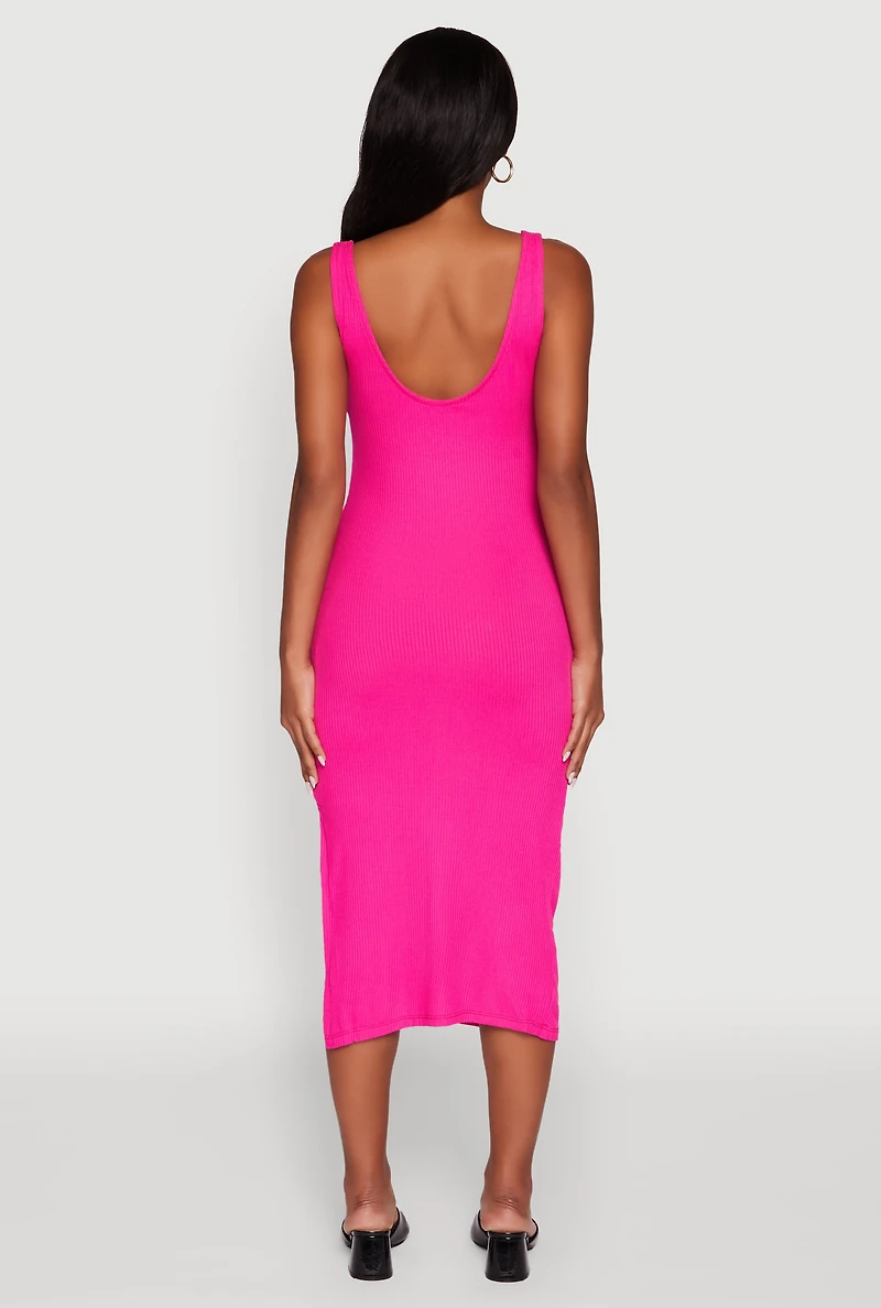 Womens Rib Knit Side Slit Ruched Side Midi Dress, Pink, Size L