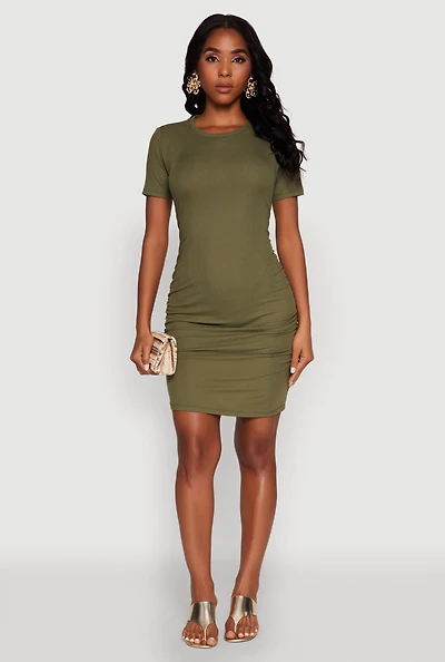 Womens Ribbed Knit Ruched T Shirt Dress, Green, Size L