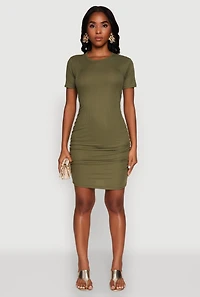 Womens Ribbed Knit Ruched T Shirt Dress, Green, Size L