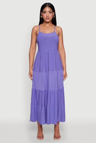 Womens Scoop Neck Tiered Maxi Sundress, Purple,