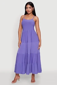 Womens Scoop Neck Tiered Maxi Sundress, Purple, Size M