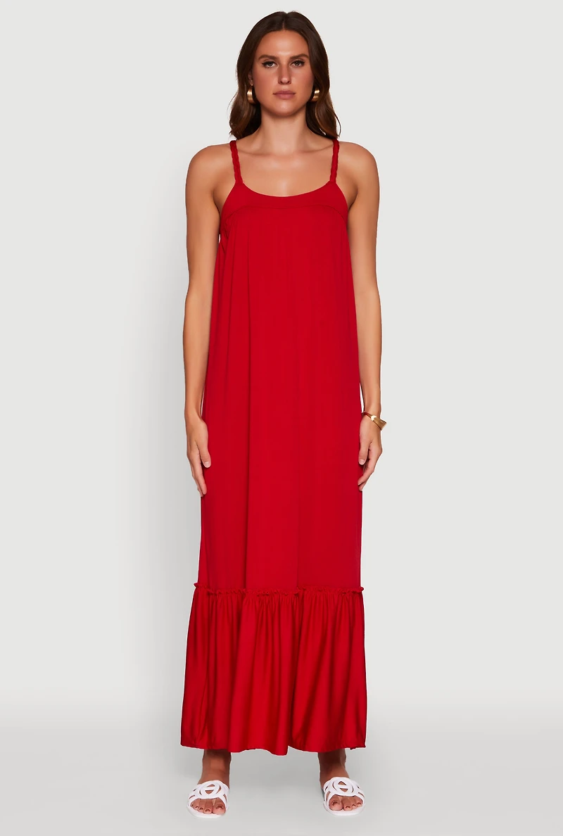 Womens Elegant Braided Sleeve Tiered Maxi Dress, Red, Size S