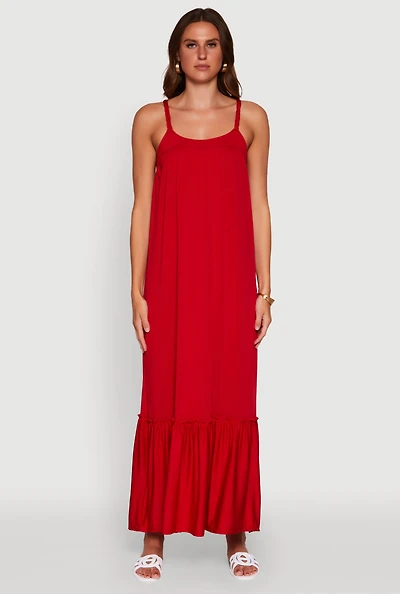 Womens Elegant Braided Sleeve Tiered Maxi Dress, Red, Size S